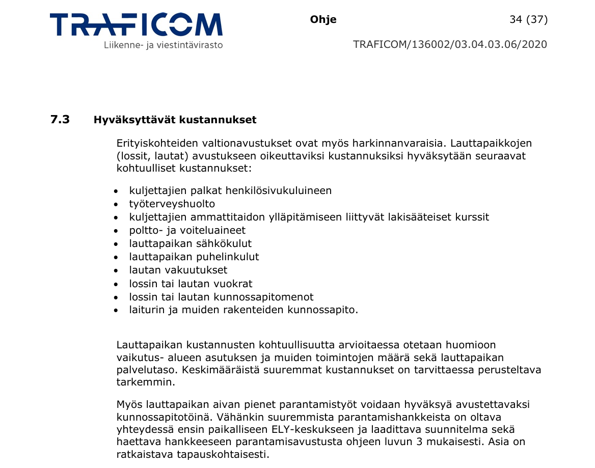 Lautan ja lossin hyväksyttävät kustannukset avustuksiin.